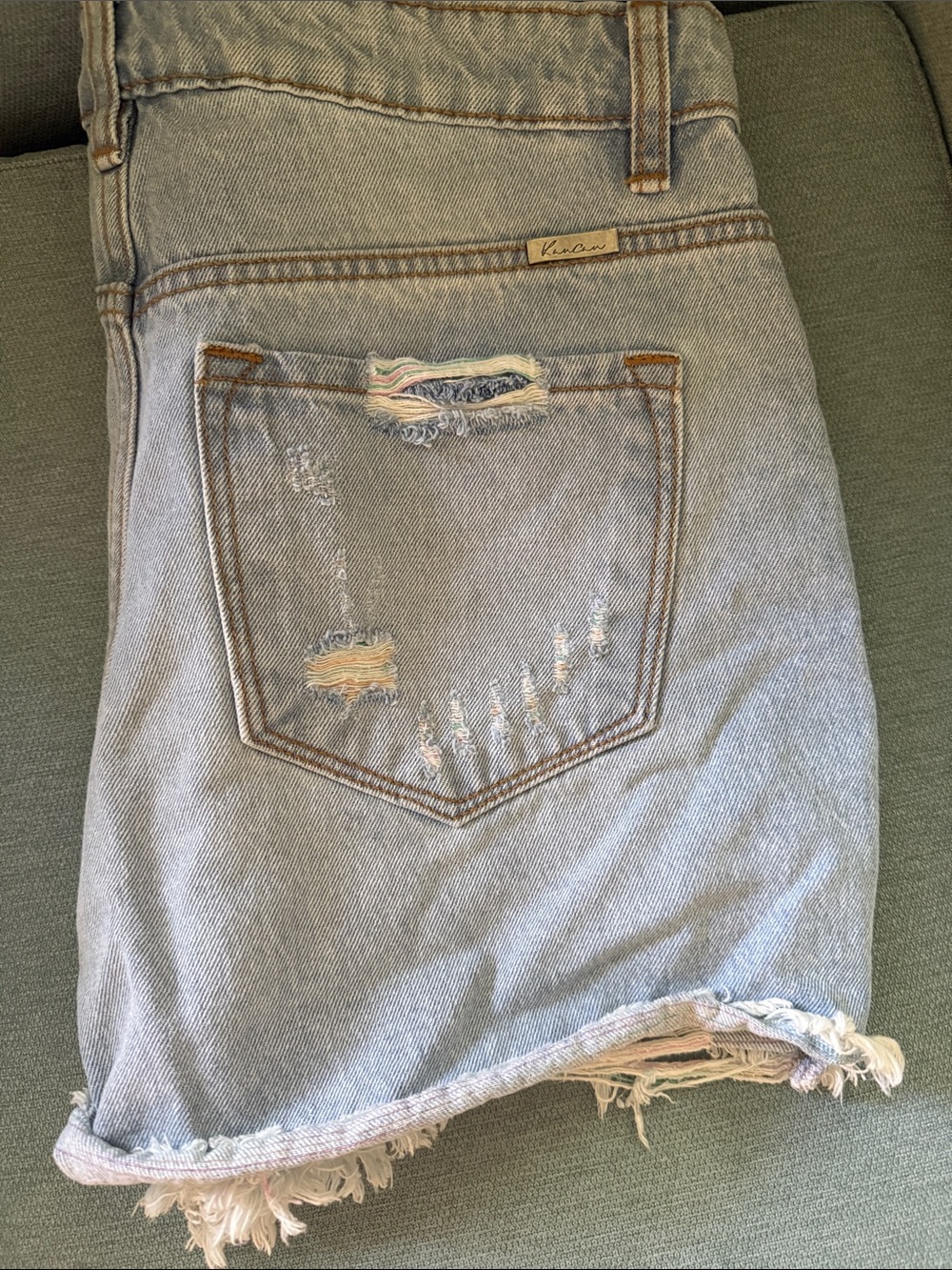KanCan Light Blue Distressed Denim Shorts with Frayed Hem - Picture 3 of 3